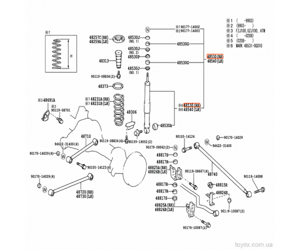 Амортизатор задньої підвіски Toyota Land Cruiser 100 48531-69795 без AHC