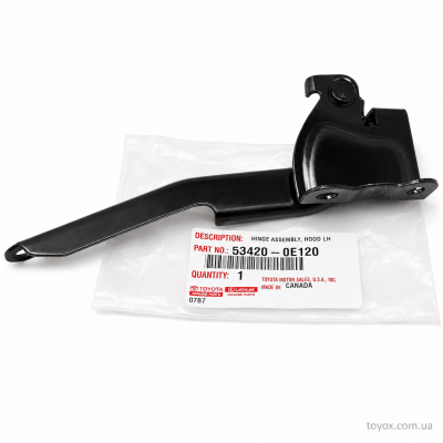 Петля капота Toyota 53420-0E120 — загальний вигляд Петля капота ліва Toyota Highlander / Kluger 53420-0E120 — основне фото товару