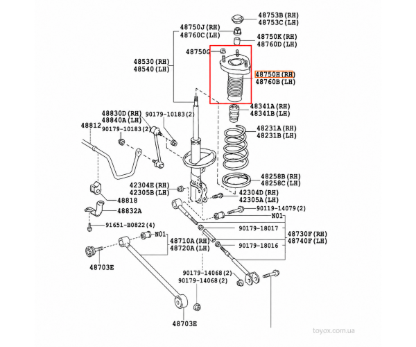 Оригінальна опора заднього правого амортизатора Toyota Highlander Kluger 48750-48070 у зборі з пильником Оригінальна опора заднього правого амортизатора Toyota Highlander Kluger 48750-48070 у зборі з пильником