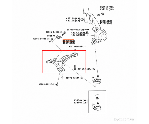 Оригінальний нижній правий важіль передньої підвіски Toyota Harrier Lexus RX300 48068-48010